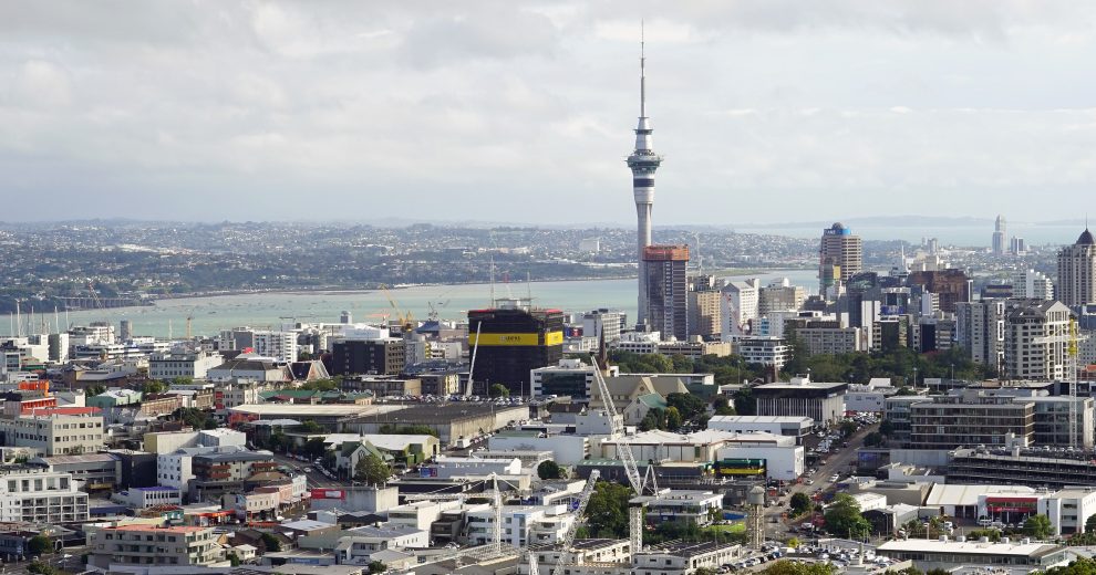 Cityscape of Auckland central, with the Sky Tower in the background.