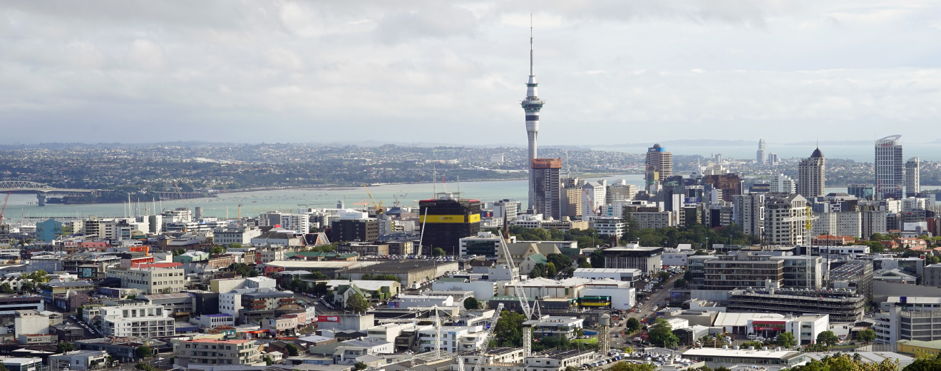 Cityscape of Auckland central, with the Sky Tower in the background.